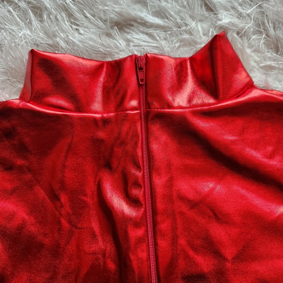Shiny Metallic Red Long Sleeve Jumpsuit Catsuit, Size S - Picture 2 of 4